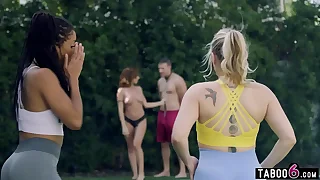 Jogging babes stumble across MILF in her backyard with her boy toy